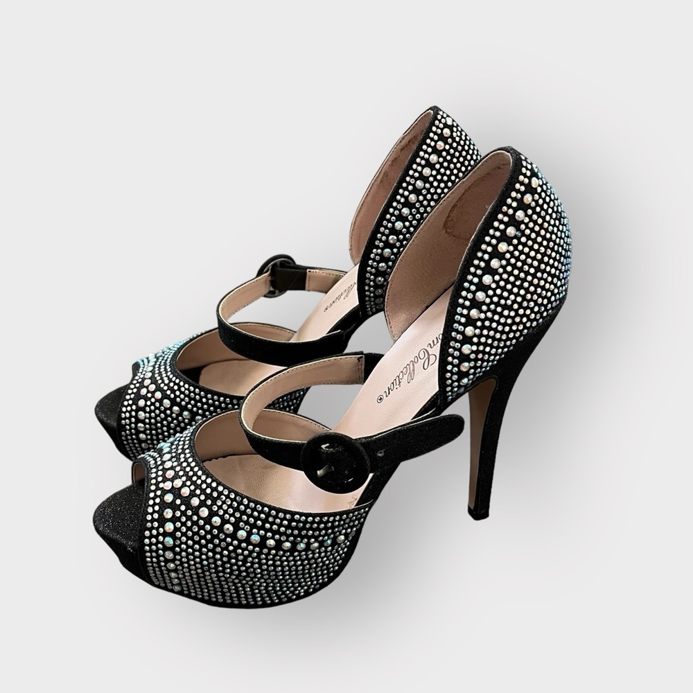 De Blossom Collection Black Glitter Rhinestone D'Orsay Open Toe Platform Heels